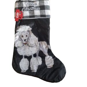 Poodle Dog Christmas Stocking Black Velour Furry Christmas Buffalo Plaid Cuff